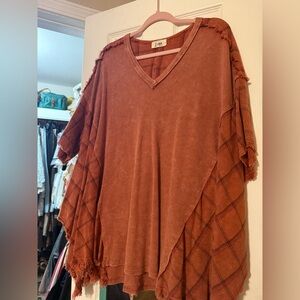 J. Her Rust Tunic with V-Neck and Fringe Detail